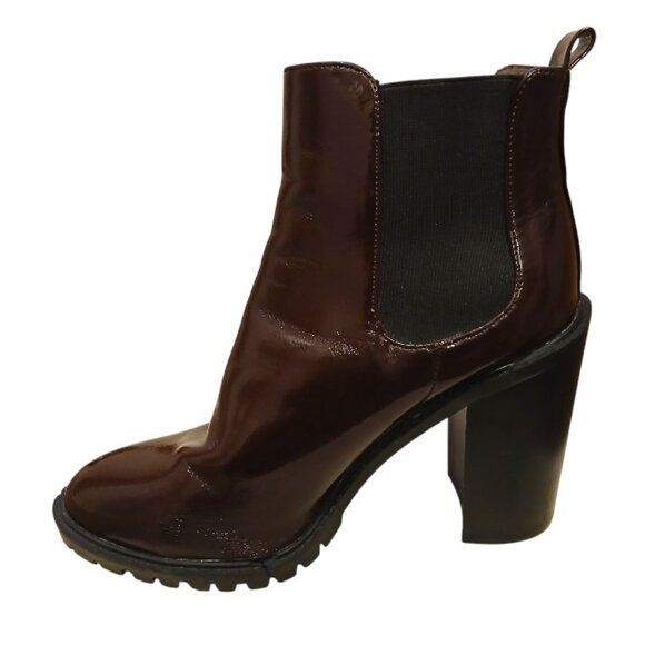 EUC FASHION NOVA Glossy Maroon Leather Lug Sole Platform Heeled Boots - Picture 10 of 16